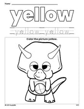 Free dinosaur color yellow coloring page and color worksheet, yellow worksheet for preschoolers to learn colors, printable PDF