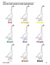 Free dinosaur coloring page and color worksheet for preschoolers to learn colors, printable PDF