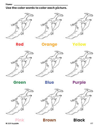 Free dinosaur coloring page and color worksheet for preschoolers to learn colors, printable PDF