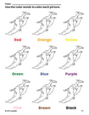 Free dinosaur coloring page and color worksheet for preschoolers to learn colors, printable PDF