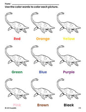 Free dinosaur coloring page and color worksheet for preschoolers to learn colors, printable PDF