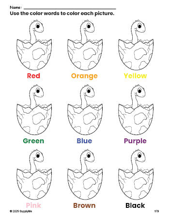 Free dinosaur coloring page and color worksheet for preschoolers to learn colors, printable PDF