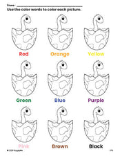 Free dinosaur coloring page and color worksheet for preschoolers to learn colors, printable PDF