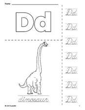 Free printable dinosaur coloring page and cursive letter tracing worksheet, letter d worksheet for preschool, pre-k, and kindergarten, PDF