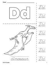 Free printable dinosaur coloring page and cursive letter tracing worksheet, letter d worksheet for preschool, pre-k, and kindergarten, PDF