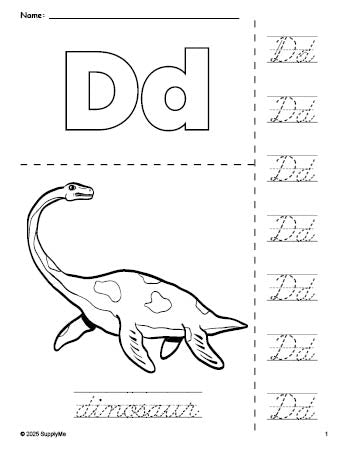 Free printable dinosaur coloring page and cursive letter tracing worksheet, letter d worksheet for preschool, pre-k, and kindergarten, PDF