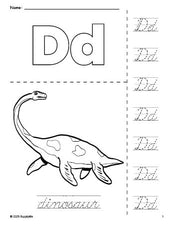 Free printable dinosaur coloring page and cursive letter tracing worksheet, letter d worksheet for preschool, pre-k, and kindergarten, PDF