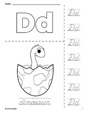 Free printable dinosaur coloring page and cursive letter tracing worksheet, letter d worksheet for preschool, pre-k, and kindergarten, PDF