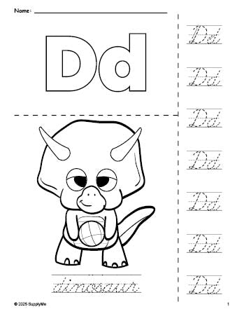 Free printable dinosaur coloring page and cursive letter tracing worksheet, letter d worksheet for preschool, pre-k, and kindergarten, PDF