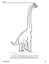 Free printable dinosaur coloring page and cursive word tracing worksheet, perfect for preschool, pre-k, and kindergarten, PDF