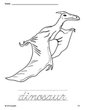 Free printable dinosaur coloring page and cursive word tracing worksheet, perfect for preschool, pre-k, and kindergarten, PDF