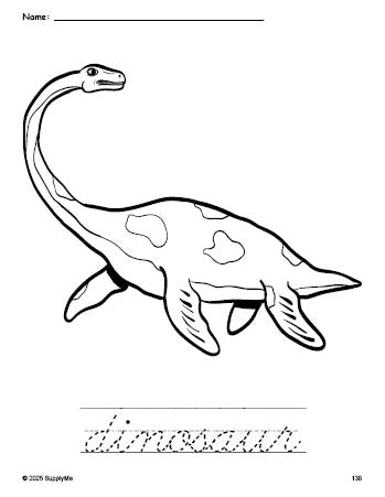 Free printable dinosaur coloring page and cursive word tracing worksheet, perfect for preschool, pre-k, and kindergarten, PDF