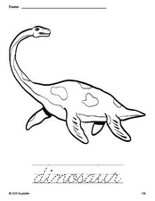 Free printable dinosaur coloring page and cursive word tracing worksheet, perfect for preschool, pre-k, and kindergarten, PDF