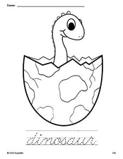 Free printable dinosaur coloring page and cursive word tracing worksheet, perfect for preschool, pre-k, and kindergarten, PDF