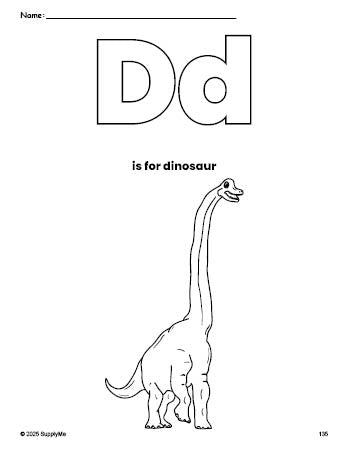 Free printable dinosaur coloring page, letter d coloring page for preschool, pre-k, and kindergarten, PDF