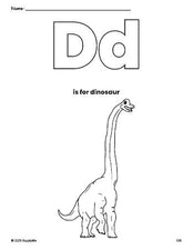 Free printable dinosaur coloring page, letter d coloring page for preschool, pre-k, and kindergarten, PDF