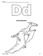 Free printable dinosaur coloring page, letter d coloring page for preschool, pre-k, and kindergarten, PDF