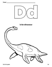 Free printable dinosaur coloring page, letter d coloring page for preschool, pre-k, and kindergarten, PDF