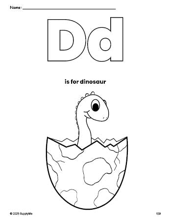 Free printable dinosaur coloring page, letter d coloring page for preschool, pre-k, and kindergarten, PDF