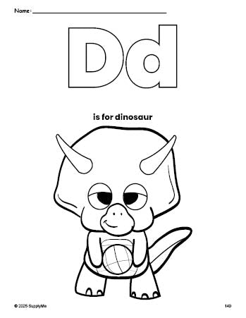 Free printable dinosaur coloring page, letter d coloring page for preschool, pre-k, and kindergarten, PDF