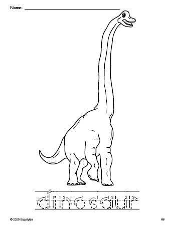 Free printable dinosaur coloring page and word tracing worksheet, letter formation guides, perfect for preschool, pre-k, and kindergarten, PDF