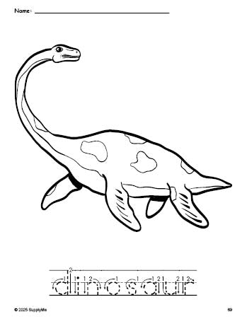 Free printable dinosaur coloring page and word tracing worksheet, letter formation guides, perfect for preschool, pre-k, and kindergarten, PDF