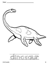 Free printable dinosaur coloring page and word tracing worksheet, letter formation guides, perfect for preschool, pre-k, and kindergarten, PDF