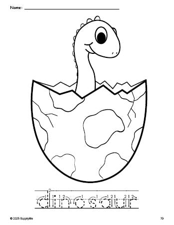 Free printable dinosaur coloring page and word tracing worksheet, letter formation guides, perfect for preschool, pre-k, and kindergarten, PDF