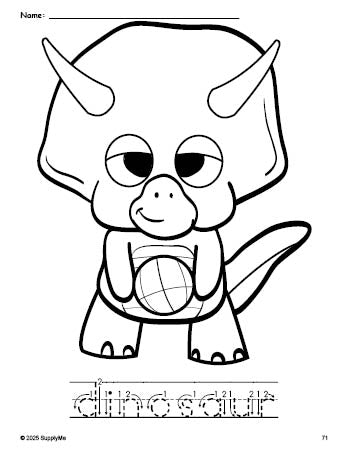 Free printable dinosaur coloring page and word tracing worksheet, letter formation guides, perfect for preschool, pre-k, and kindergarten, PDF