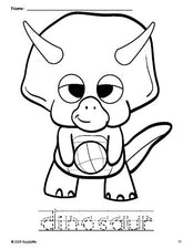 Free printable dinosaur coloring page and word tracing worksheet, letter formation guides, perfect for preschool, pre-k, and kindergarten, PDF