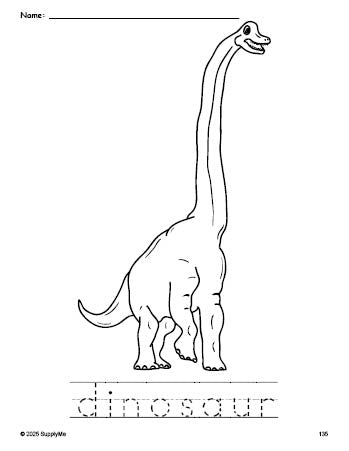 Free printable dinosaur coloring page and word tracing worksheet, perfect for preschool, pre-k, and kindergarten, PDF