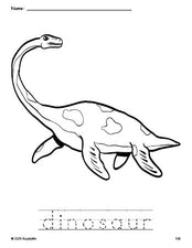 Free printable dinosaur coloring page and word tracing worksheet, perfect for preschool, pre-k, and kindergarten, PDF