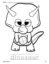 Free printable dinosaur coloring page and word tracing worksheet, perfect for preschool, pre-k, and kindergarten, PDF