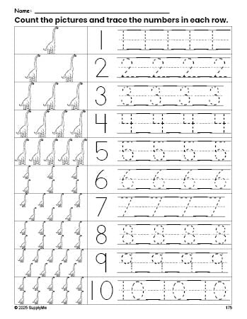 Free printable dinosaur counting worksheet for preschool and pre-k with number tracing practice 1-10, PDF