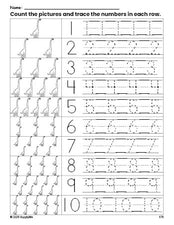 Free printable dinosaur counting worksheet for preschool and pre-k with number tracing practice 1-10, PDF