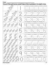 Free printable dinosaur counting worksheet for preschool and pre-k with number tracing practice 1-10, PDF