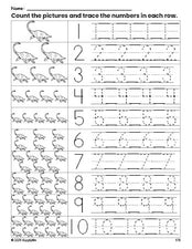 Free printable dinosaur counting worksheet for preschool and pre-k with number tracing practice 1-10, PDF