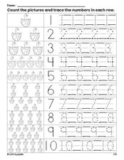 Free printable dinosaur counting worksheet for preschool and pre-k with number tracing practice 1-10, PDF