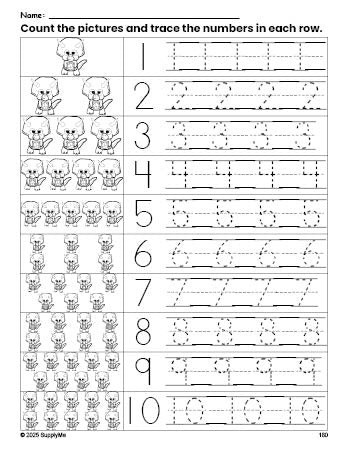 Free printable dinosaur counting worksheet for preschool and pre-k with number tracing practice 1-10, PDF