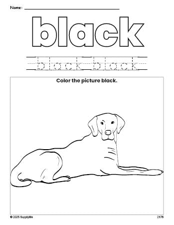 Free dog color black coloring page and color worksheet, black worksheet for preschoolers to learn colors, printable PDF