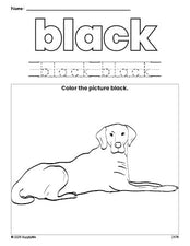 Free dog color black coloring page and color worksheet, black worksheet for preschoolers to learn colors, printable PDF