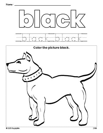 Free dog color black coloring page and color worksheet, black worksheet for preschoolers to learn colors, printable PDF