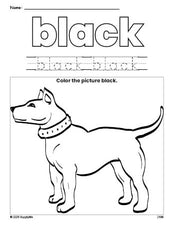 Free dog color black coloring page and color worksheet, black worksheet for preschoolers to learn colors, printable PDF