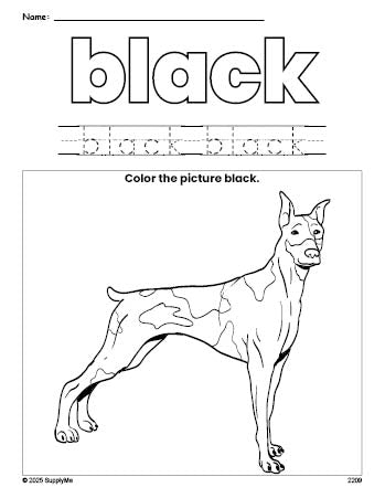 Free dog color black coloring page and color worksheet, black worksheet for preschoolers to learn colors, printable PDF