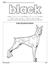 Free dog color black coloring page and color worksheet, black worksheet for preschoolers to learn colors, printable PDF