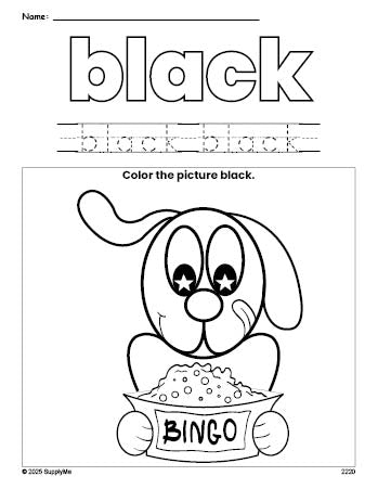 Free dog color black coloring page and color worksheet, black worksheet for preschoolers to learn colors, printable PDF