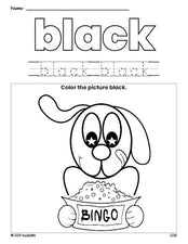 Free dog color black coloring page and color worksheet, black worksheet for preschoolers to learn colors, printable PDF