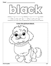 Free dog color black coloring page and color worksheet, black worksheet for preschoolers to learn colors, printable PDF