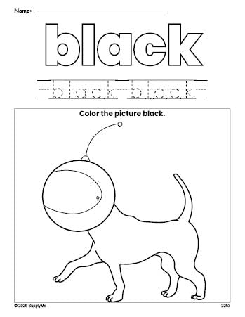 Free dog color black coloring page and color worksheet, black worksheet for preschoolers to learn colors, printable PDF