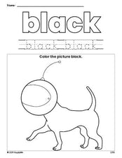 Free dog color black coloring page and color worksheet, black worksheet for preschoolers to learn colors, printable PDF